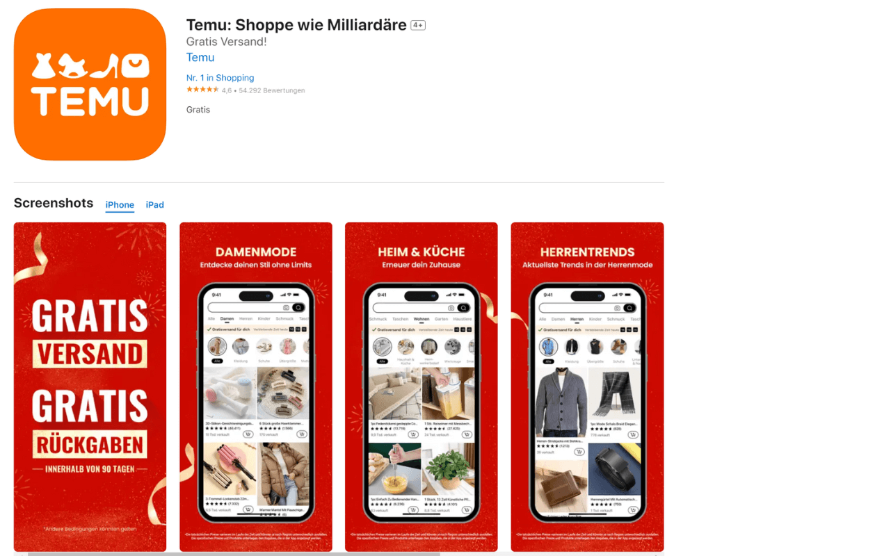 Temu App ist im Download Center des Apple Stores zu sehen.